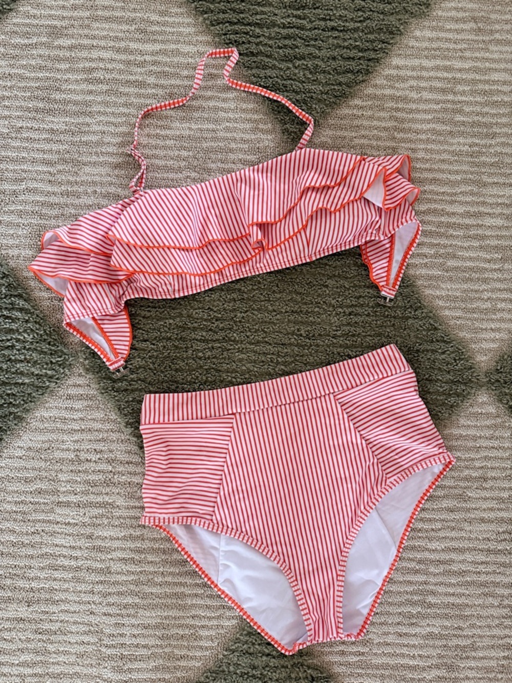 Orange and White Striped Ruffle Bikini Set